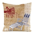 Detail of square cushion cover with vintage beach hut and ocean print on linen texture - Nostalgic Beach Hut (4)