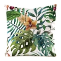 Detailed close-up of tropical palm leaves and orchid floral print on silk cushion cover - 18x18 Inch / Warm Tone Orchid Green Leaf (Style 20)