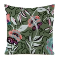 Detailed view of olive green faux silk pillow cover with hand-painted floral patterns - 18x18 Inch / Olive Green Vintage Floral (Style 18)