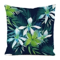 Detailed macro view of tropical orchid and palm leaf print on smooth faux silk fabric - 18x18 Inch / Blue Background White Orchid Palm (Style 17)