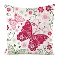 Dettaglio motivo farfalla magenta e tralci floreali su fodera per cuscino in seta bianca - 45x45 cm / Stile Farfalla con Rampicanti 3 (3)