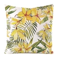Detailansicht des tropischen Kissenbezugs mit Frangipani- und Palmenblatt-Aufdruck - Gelbe Plumeria und Palmblätter Frisch (19)