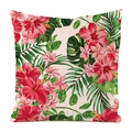 Detailansicht quadratischer Kissenbezug aus Kunstseide mit Hibiskus und tropischen Blättern - Roter Hibiskus und Rosa Plumeria (14)