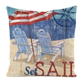 Square nautical pillow cover featuring beach chairs design and Set SAIL text - Blue Sailing Style (1)
