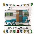 Detailaufnahme eines Kissenbezugs mit Retro-Wohnmobil und bunten Eulen-Illustrationen - Retro handgemaltes Wohnmobil (21)
