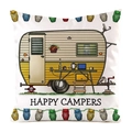 Detail der Happy Campers Kissenhülle mit Wohnmobil-Motiv, Eulenmuster und Seidentextur - Feiner Segeltuch RV Design (19)