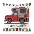 Detail der roten Vintage-Wohnwagen-Kissenhülle mit Happy Campers Schriftzug und Eulen-Print - Elfenbein Retro Wohnmobil (18)
