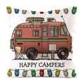 Detail von Cartoon Wohnwagen und bunten Eulen Girlande Druck auf weißem Kissenbezug - Ziegelrotes Retro Wohnmobil (17)