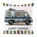 Detailansicht eines weißen Kissenbezugs aus Kunstseide mit Wohnmobil und Happy Campers Logo - Hellblaues Cartoon Wohnmobil (14)
