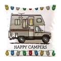 White cushion cover with vintage camper van and owls print featuring Happy Campers slogan - Yellow Camper Style (1)