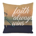 Close-up of faux silk pillow cover featuring sunset beach print and white faith text - Faith always wins (14) / 18x18 Inch
