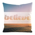 Detailed close-up of 'believe' text on sunset ocean print faux silk pillow cover - Believe (13) / 18x18 Inch