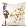 Detail of faux silk cushion cover featuring golden lettering and palm tree print - Wild barefoot & free (9) / 18x18 Inch