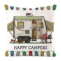 Square RV camper cushion cover featuring Happy Campers text and colorful owl pattern - Picnic Scene Camper (2)