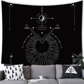 Celestial tapestry with sun and moon pattern hanging over a modern grey sofa - Mystic Ray Symbols (13) / 100x70cm (Peach Skin Fabric)