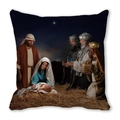 Housse de coussin carrée en peau de pêche avec motif de la Nativité, Marie, Joseph et Jésus - Style Peinture à l'Huile Nativité Fond Meule de Foin (38)
