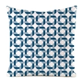 Detailed close-up of geometric chain link pattern on a white silk-like cushion cover - Navy Interlocking Geometric (16)