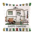 White square cushion cover with retro camper and Happy Campers owl illustration - Gray Camping Trailer (3)