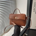 Elegant brown leather bag with houndstooth pattern and gold twist lock in hand - Brown