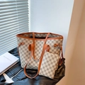 Bolso tote de gran capacidad con patrón de tablero y asas marrones para uso diario - Caqui