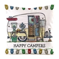 Cartoon camper cushion cover with Happy Campers text and vintage owl string lights design - Nostalgic Life Camper (4)