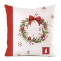 Detailed view of square Christmas pillowcase with festive wreath and red berry prints - Christmas Wreath Bow Snowflake Style (33)