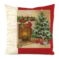 Close-up of square Christmas pillowcase with festive tree and fireplace pattern detail - Cozy Fireplace Stocking Tree Style (32)