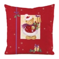 Detailed view of red square Christmas pillow case with cute teddy bear and snowflake print - Teddy Bear Purple Ribbon Red Style (26)