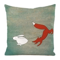 Detail of fox and rabbit print on teal faux silk cushion cover fabric texture - Rabbit And Fox Dancing (14)