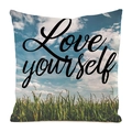 Housse de coussin en fausse soie avec décor naturel et texte Love Yourself en bleu - Aime-toi toi-même (2) / 45x45 cm