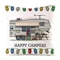 Cartoon RV Camper und Happy Campers Slogan auf weißem quadratischem Kissenbezug - Klassisches Retro Wohnmobil (5)