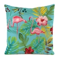 Sky blue faux silk cushion cover featuring pink flamingos and tropical leaves - 18x18 Inch / Sky Blue Flamingo (Style 9)