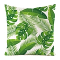 Detail of faux silk cushion cover featuring green tropical leaves and palm leaf pattern - 18x18 Inch / Full Print Tropical Rainforest Style (16)