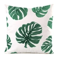 Detail of white faux silk cushion cover featuring green Monstera tropical leaf prints - 18x18 Inch / Simple Green Leaf Monstera Style (12)