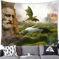Detalle de un tapiz de fantasía con un dragón verde y un castillo medieval en la pared - Estatua De Hombre Sabio De Castillo De Dragón Verde (Estilo 4) / 150x150