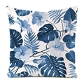 Detail of square pillowcase with tropical blue hibiscus and palm leaf patterns - 18x18 Inch / Blue Hibiscus Botanical Style (10)