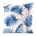 Detailed view of white faux silk pillowcase with vibrant blue palm leaf print - 18x18 Inch / Vibrant Blue Palm Style (8)