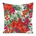 Quadratischer Kissenbezug aus Kunstseide mit Hibiskus- und tropischem Palmenblattmuster - Großes Rotes Hibiskus-Tropendesign (9)