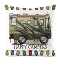 Cartoon Wohnmobil Kissenbezug mit Happy Campers Schriftzug und grünen Streifen - Olivgrünes gestreiftes Wohnmobil (8)