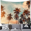 Tropical sunset beach tapestry featuring palm trees hanging over a modern sofa in a living room - 100x70cm / Tropical Beach Sunset Coconut-Peach Skin
