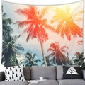 Vintage tropical coconut tree sunset landscape tapestry hanging on a white living room wall - 100x70cm / Tropical Beach Palms Sunset-Peach Skin