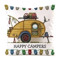Weißer quadratischer Kissenbezug mit handgezeichnetem Wohnmobil und Happy Campers Logo - Teardrop Holzmaserung Wohnmobil (9)