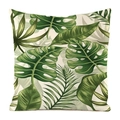 Quadratischer Kissenbezug aus Kunstseide mit tropischen Monstera- und Palmblattdrucken - 45x45 cm / Cremefarbener Blattüberlappungsstil (2)