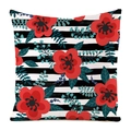 Detail of hand-painted floral silk cushion cover with black and white stripes and red flowers - Bright Red Five-petal Flower