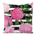 Detail view of pink peony flower print on black and white striped cushion cover - Hand-painted Pink Peony