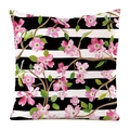 Detail of faux silk pillowcase with black white stripes and hand-painted pink flower print - Hand-painted Pink Floral