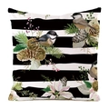 Detail of bird and berry print on striped faux silk decorative pillowcase - Tit Bird Pinecone