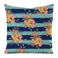 Detail of hand-painted floral patterns and blue stripes on silk-textured cushion cover - Layered Floral Stripes