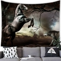 Tapiz medieval de pared con un caballo negro saltando y un lobo en un bosque oscuro - Caballo Negro Lobo Gris Bosque Oscuro (Estilo 6) / 150x150