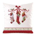 Christmas cushion cover featuring three festive stockings and red bows on white background - Christmas Stocking Gift Bow Style (5)